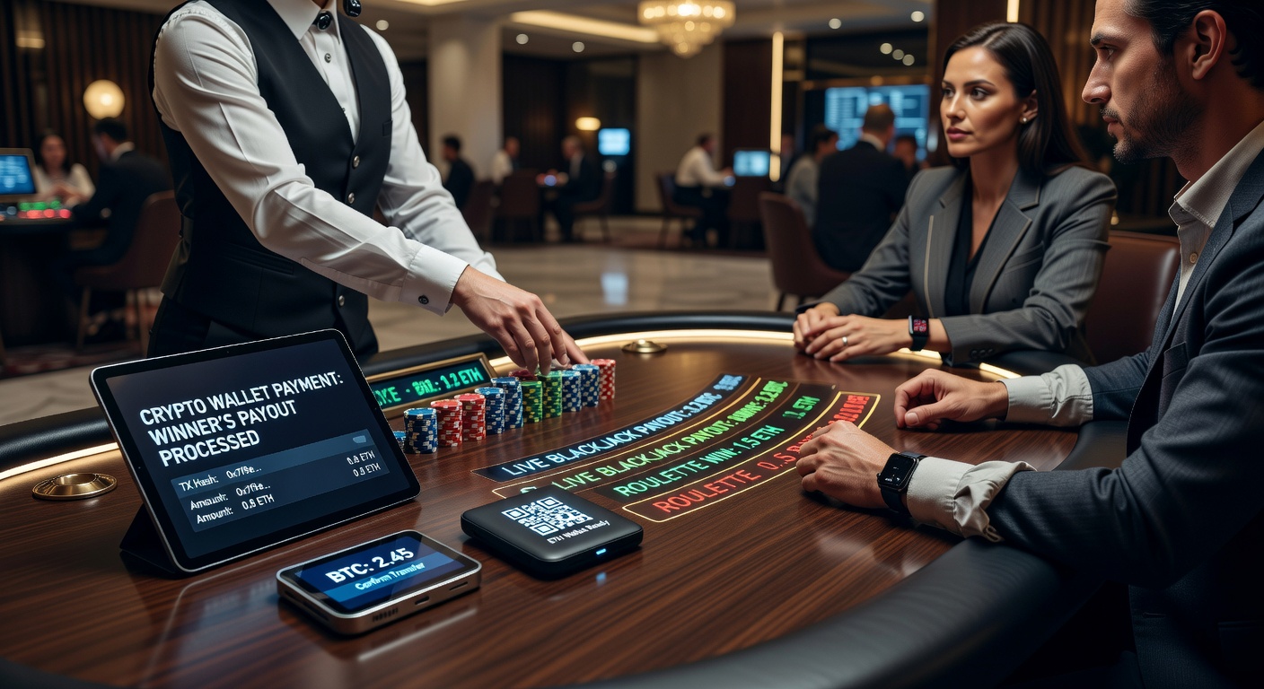 Live blackjack tafel met crypto wallet interface op scherm, spelers vieren winst met digitale munten die oplichten