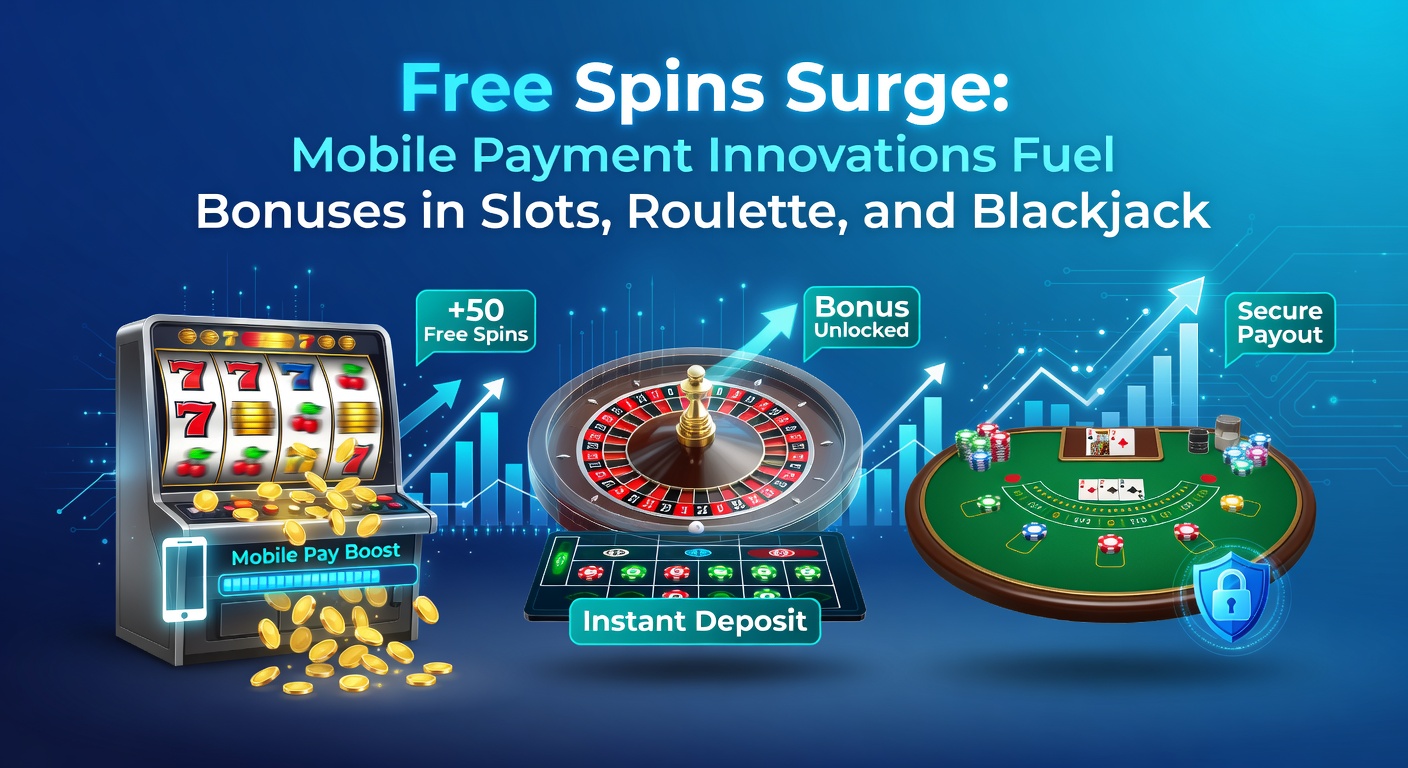 Smartphone met mobiele betaalapp naast draaiende gokkast en roulettewiel, symboliserend snelle stortingen en free spins bonussen