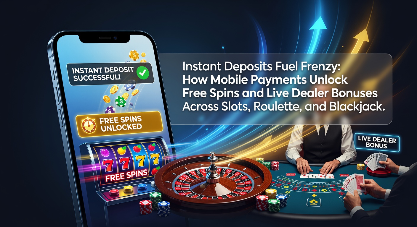 Mobiele telefoon met casino-app die directe storting toont, met free spins en live dealer tafels op het scherm